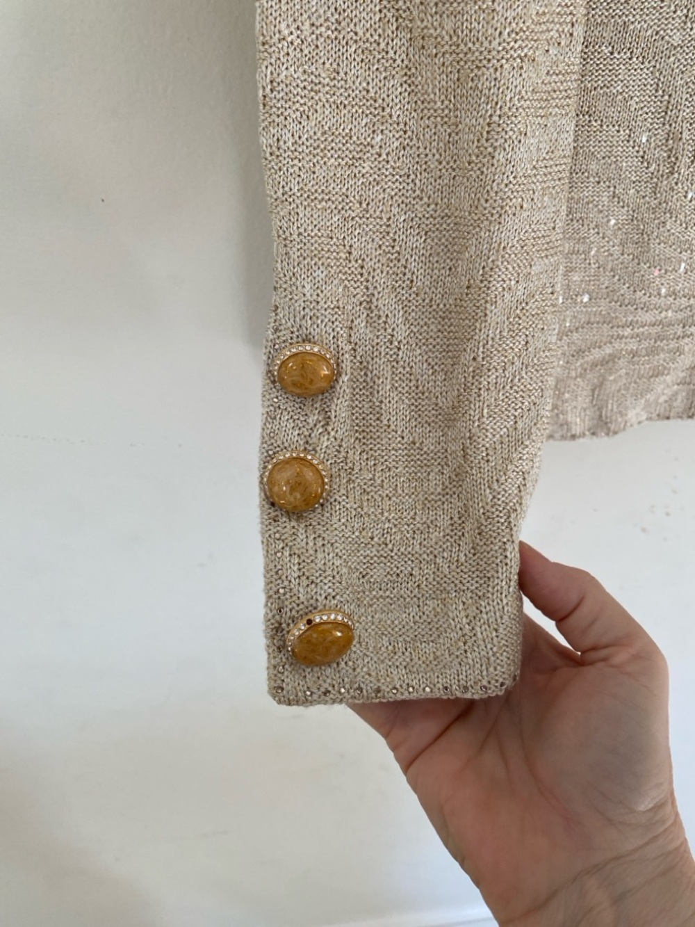 St. John Evening Metallic Knit Top Skirt Set in Champagne with Metallic Glint - Picture 8 of 15